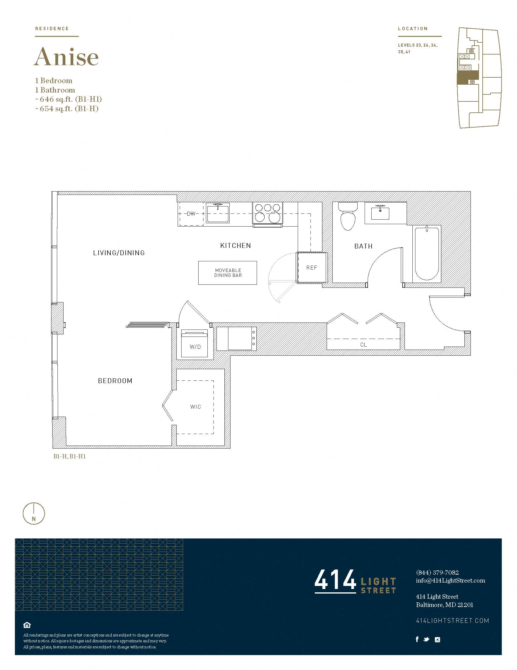 Floor plan for 1 bed, 1 bath, 646 sqft