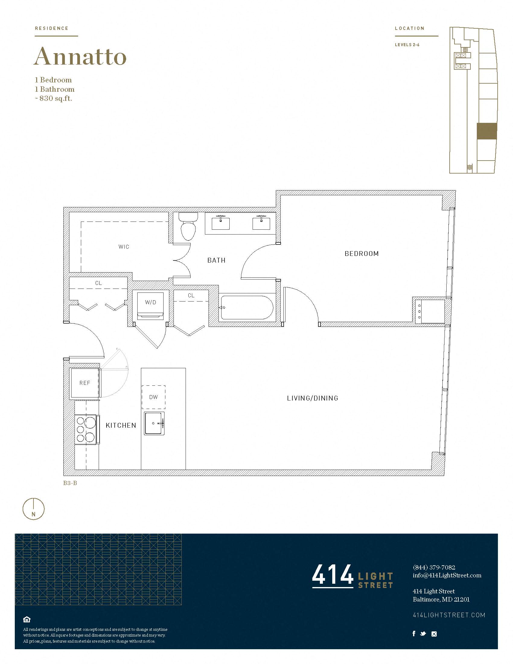 Floor plan for 1 bed, 1 bath, 830 sqft
