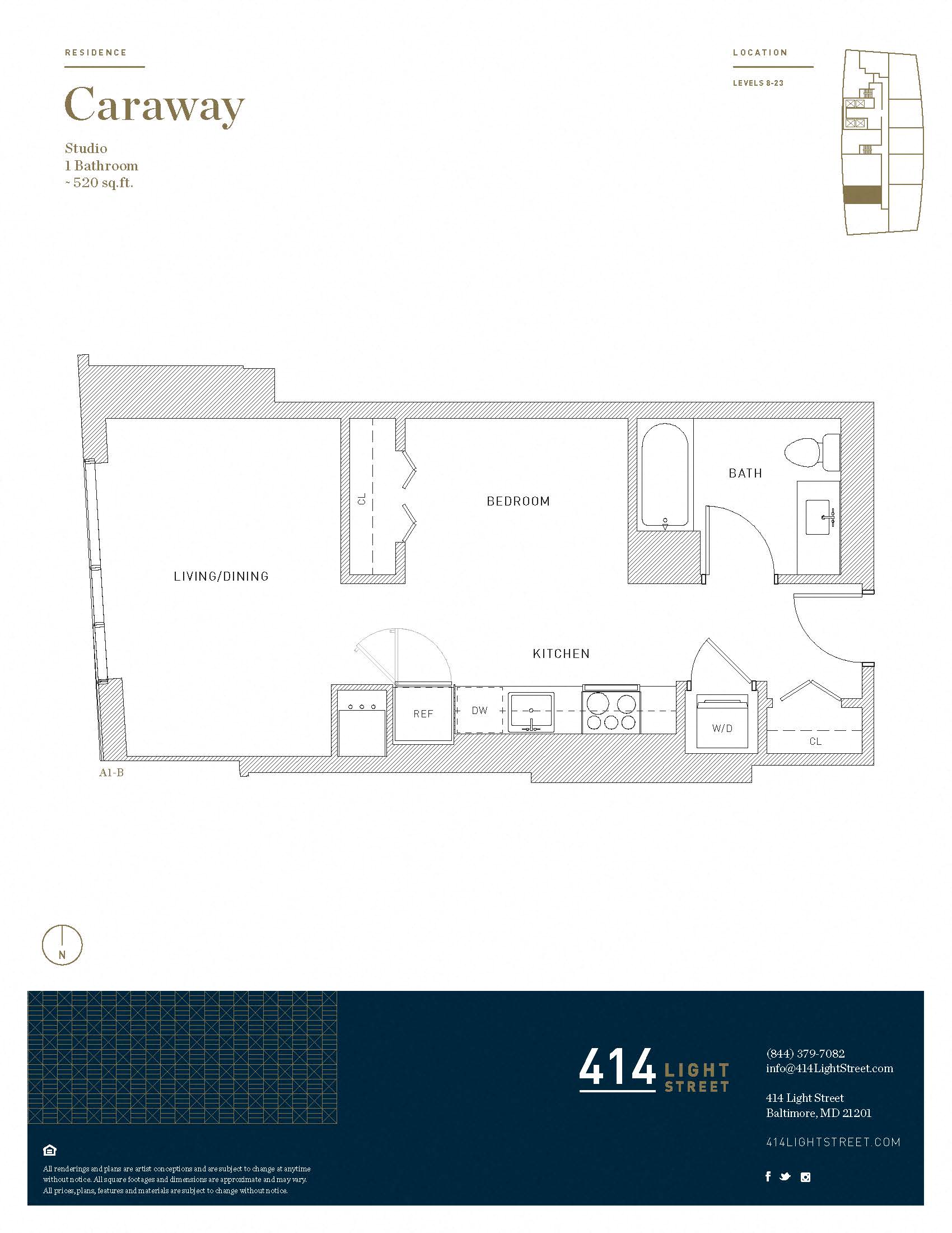 Floor plan for studio, 1 bath, 520 sqft