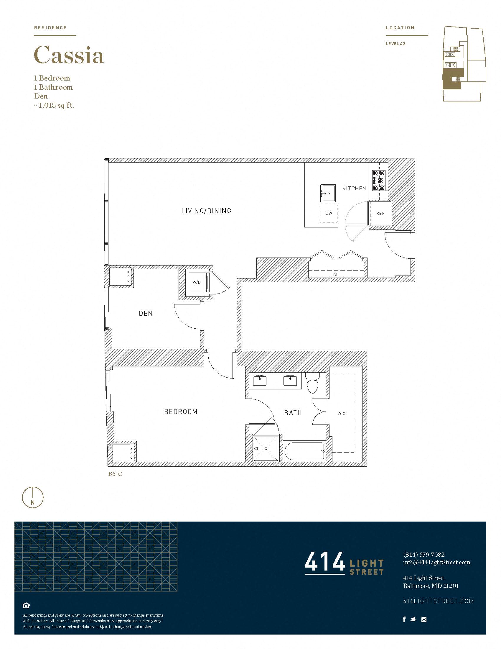 Floor plan for 1 bed, 1 bath, 1015 sqft