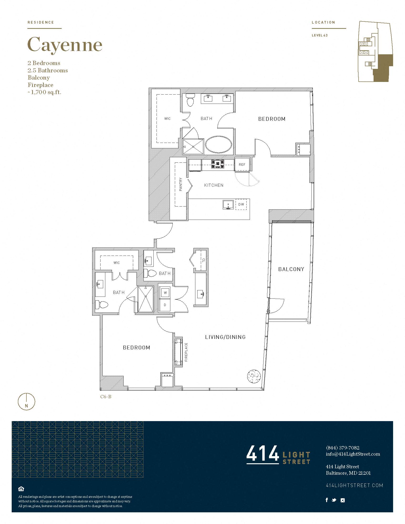 Floor plan for 2 beds, 2.5 baths, 1701 sqft
