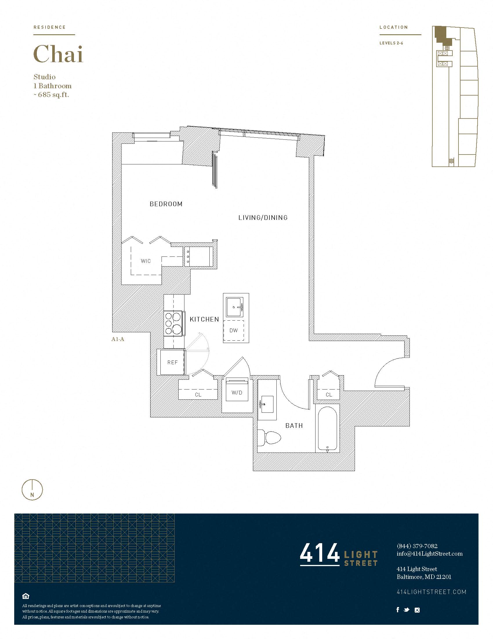 Floor plan for 1 bed, 1 bath, 685 sqft