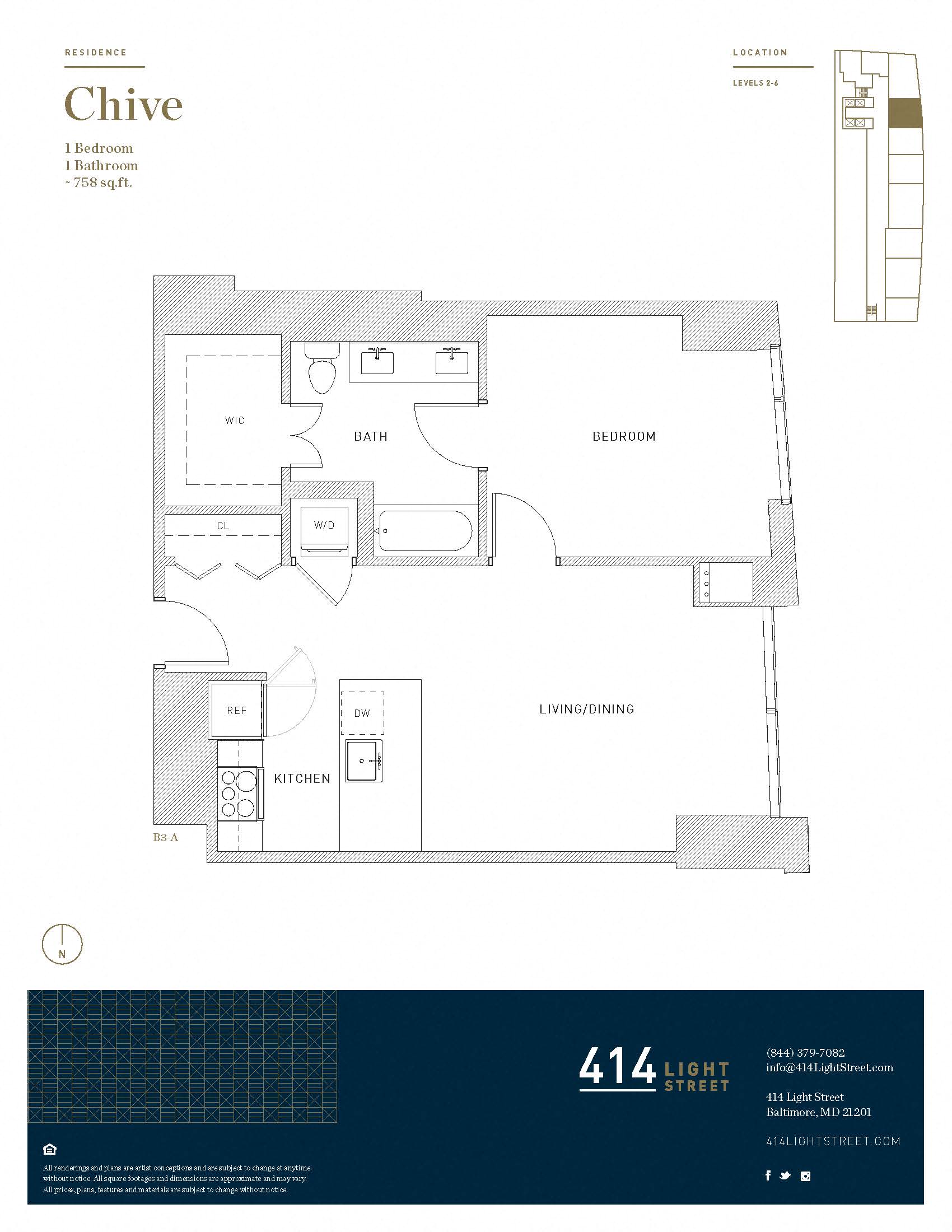 Floor plan for 1 bed, 1 bath, 758 sqft