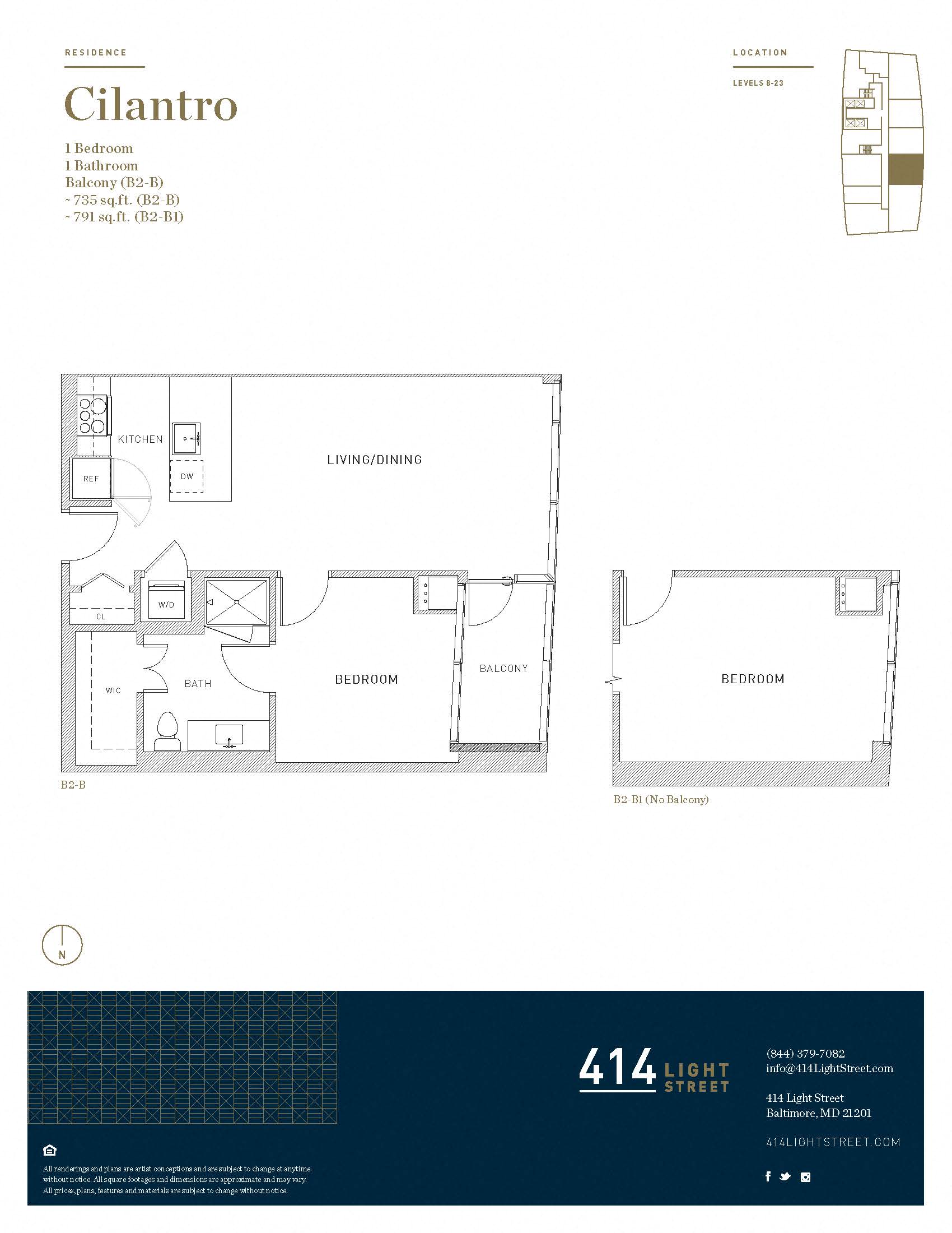 Floor plan for 1 bed, 1 bath, 735 sqft