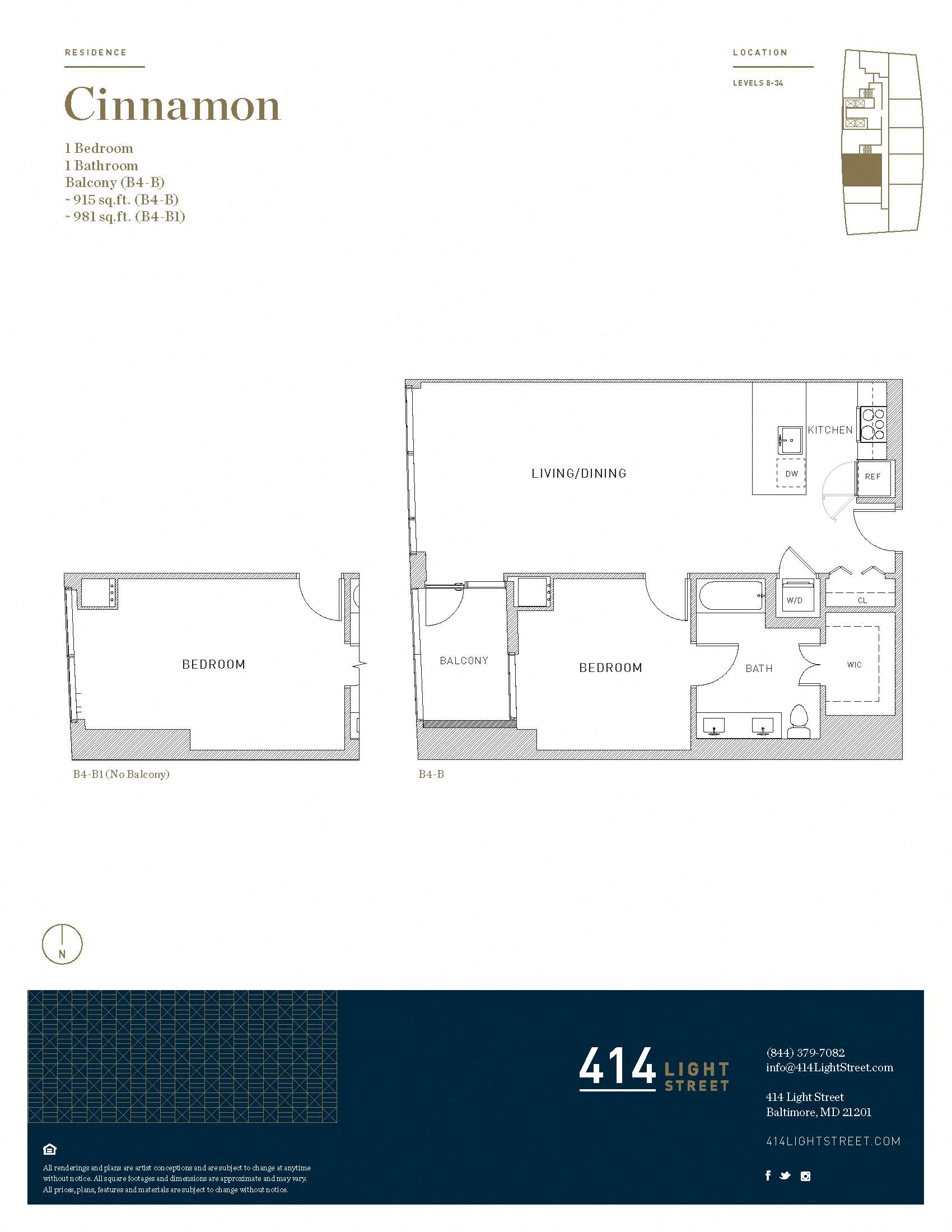 Floor plan for 1 bed, 1 bath, 915 sqft