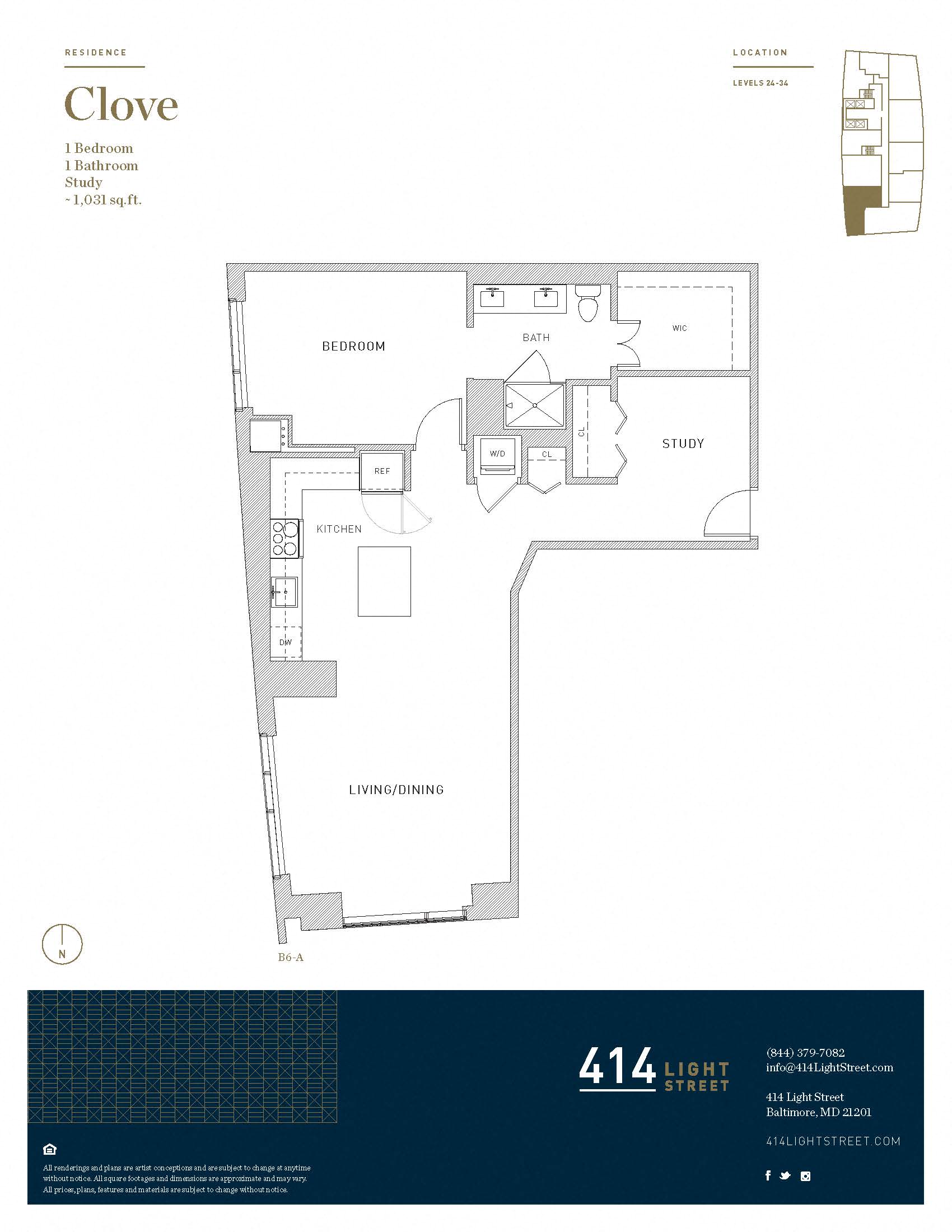 Floor plan for 1 bed, 1 bath, 1031 sqft