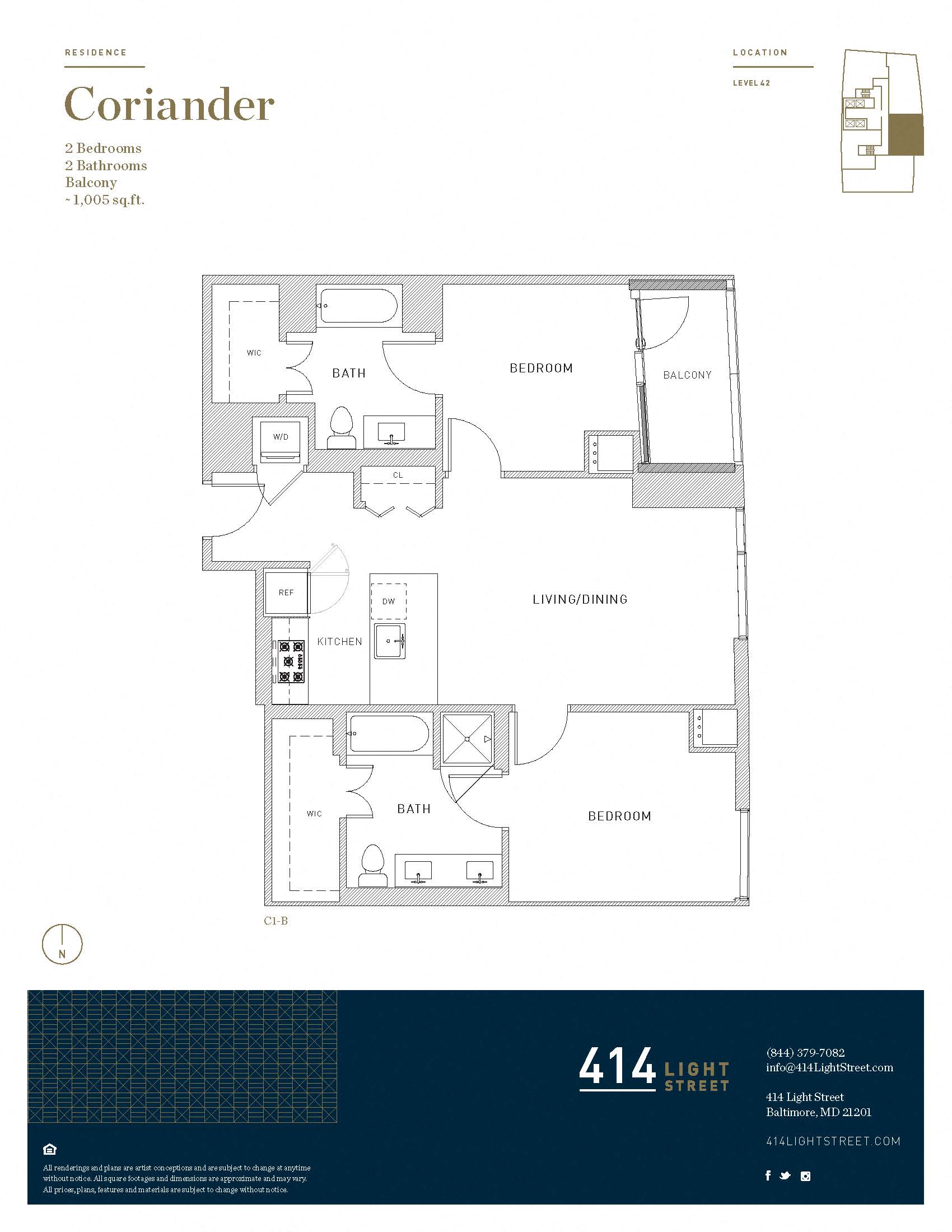 Floor plan for 2 beds, 2 baths, 1005 sqft