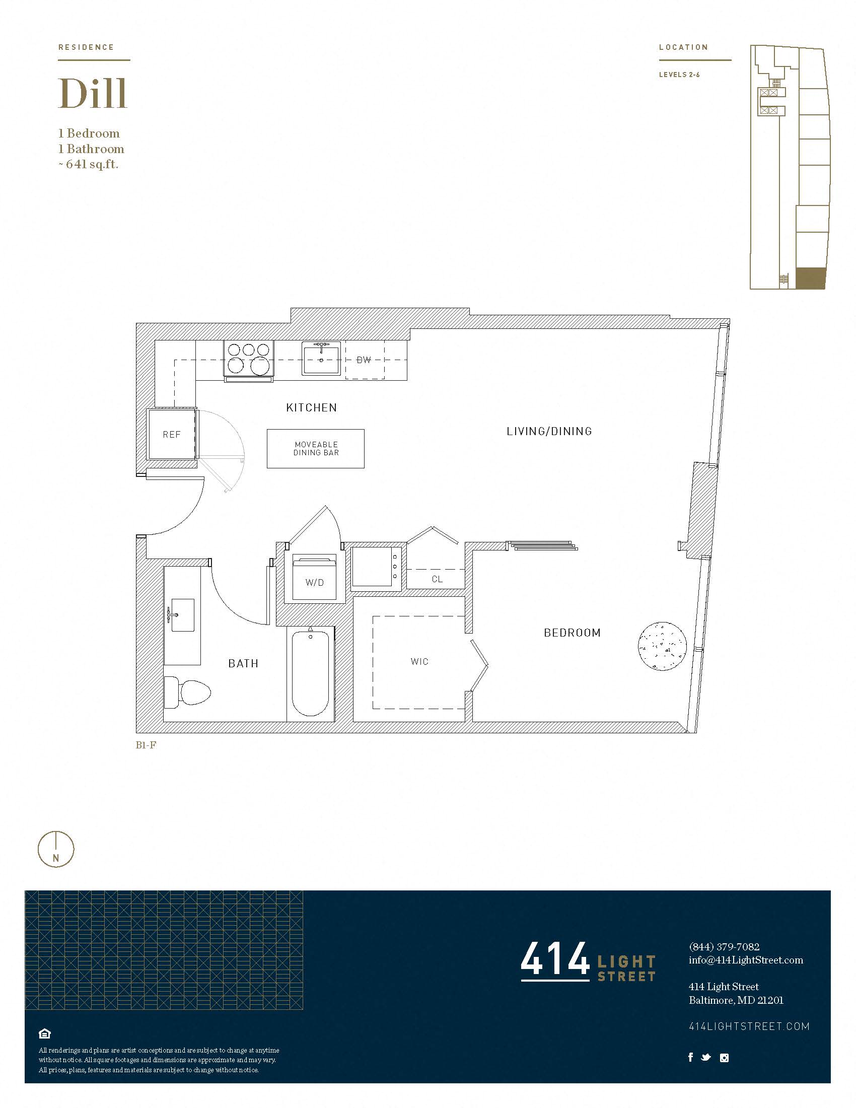 Floor plan for 1 bed, 1 bath, 641 sqft
