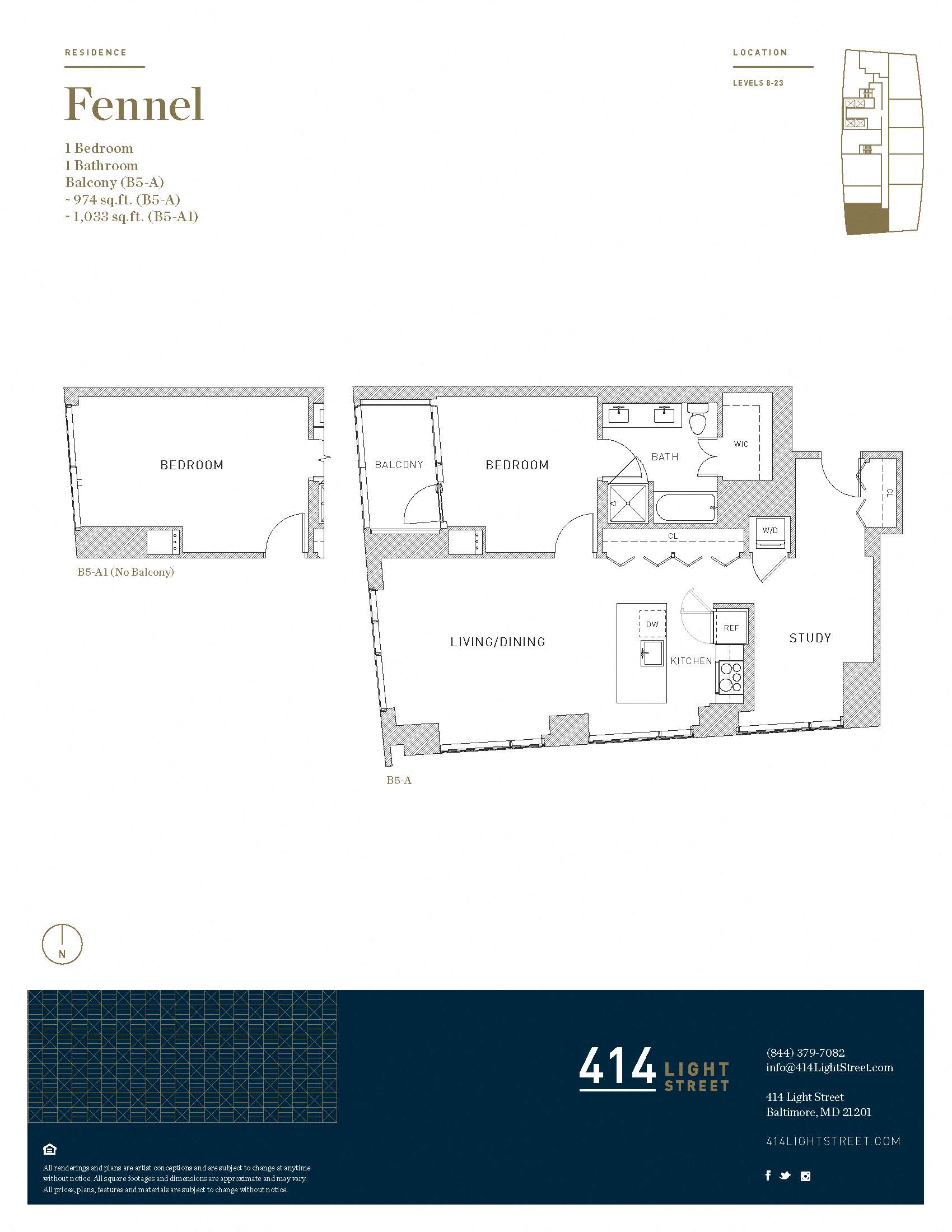 Floor plan for 1 bed, 1 bath, 974 sqft