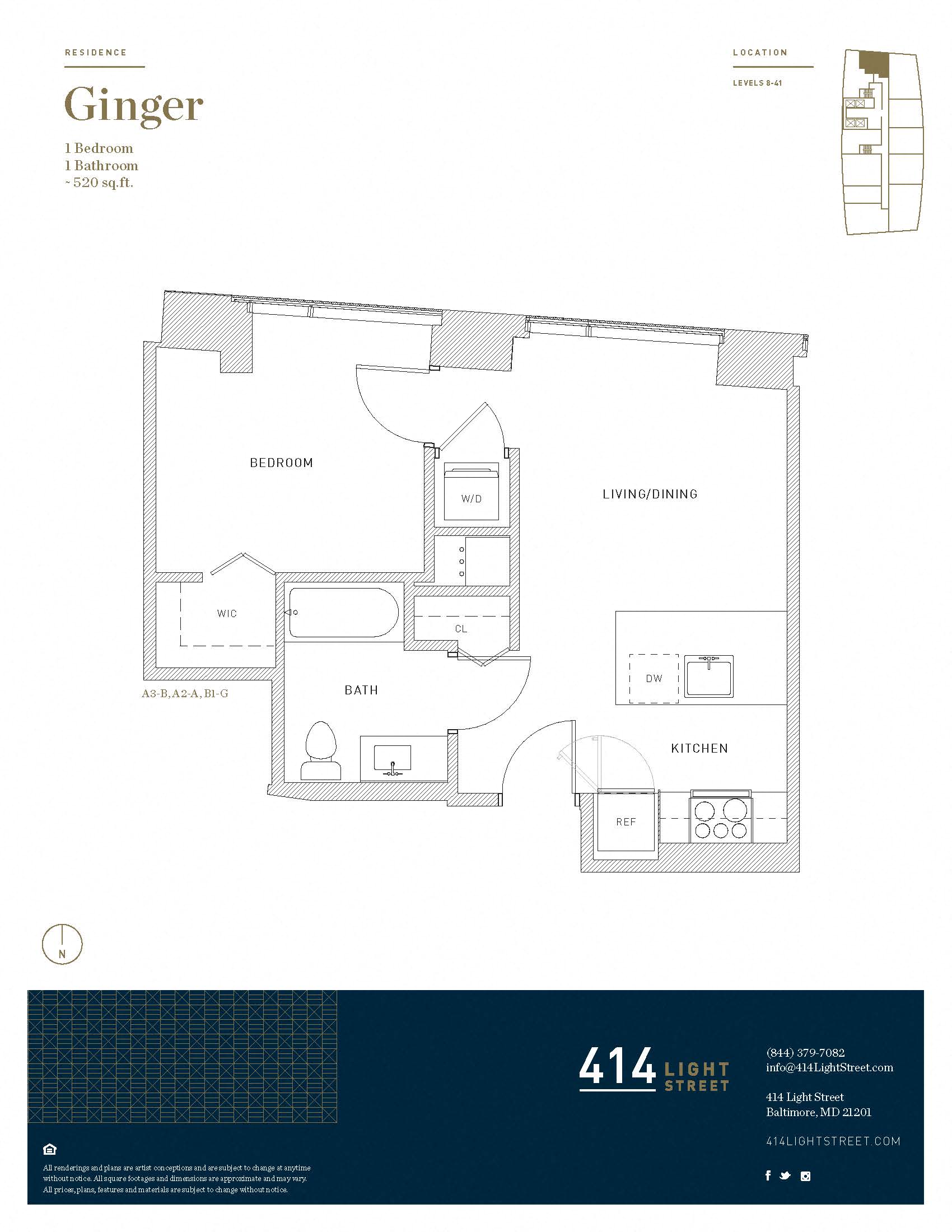 Floor plan for 1 bed, 1 bath, 520 sqft