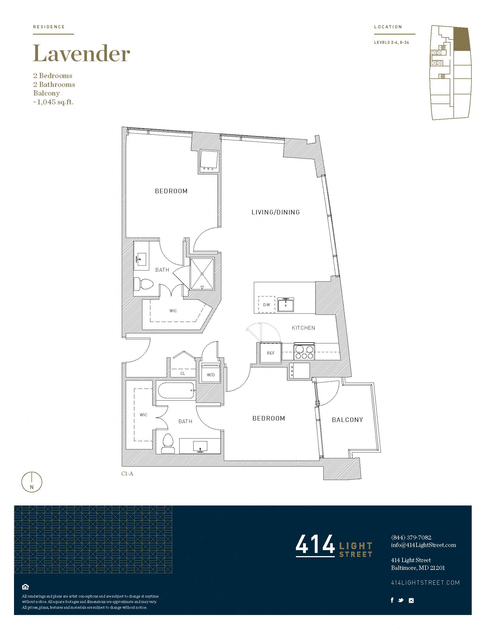 Floor plan for 2 beds, 2 baths, 1045 sqft