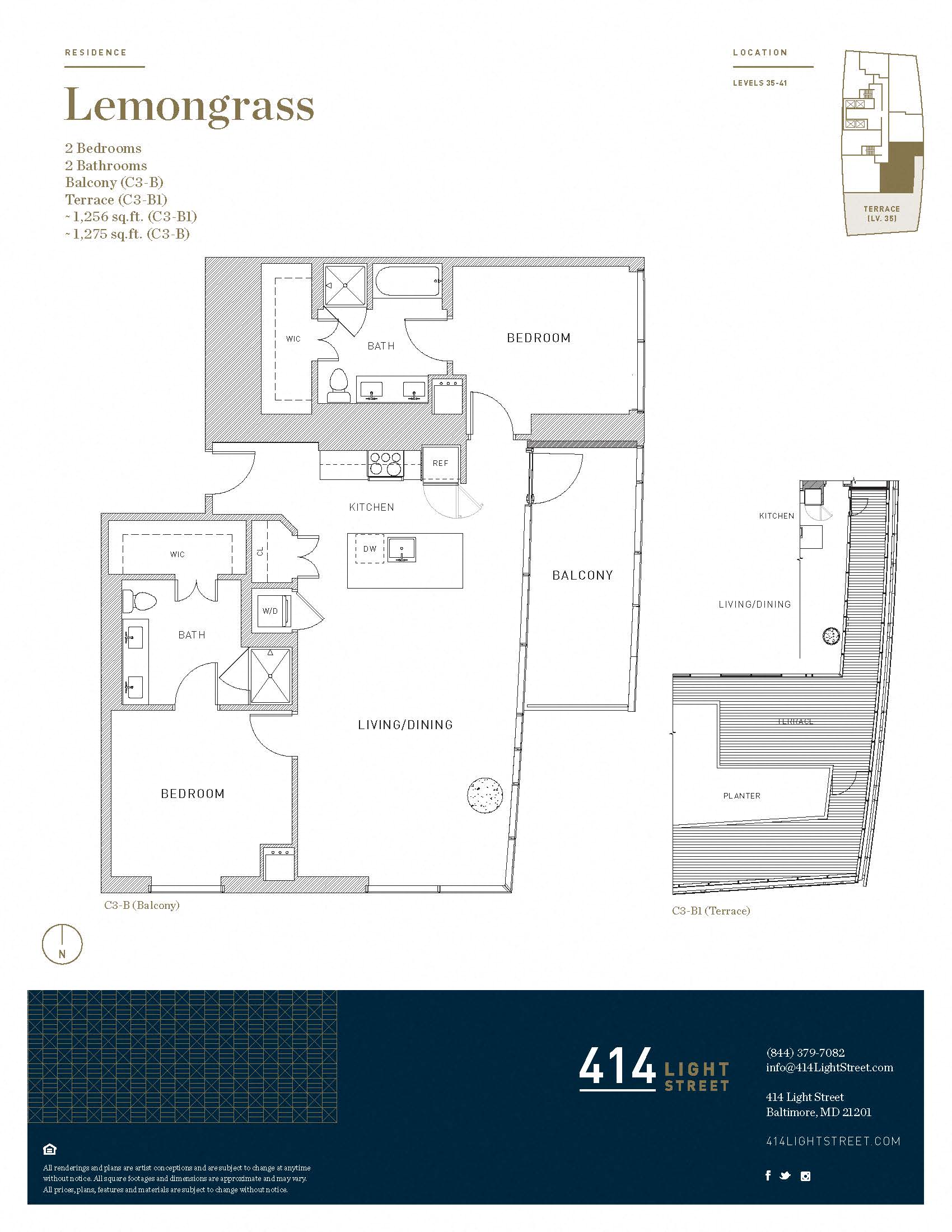 Floor plan for 2 beds, 2 baths, 1275 sqft