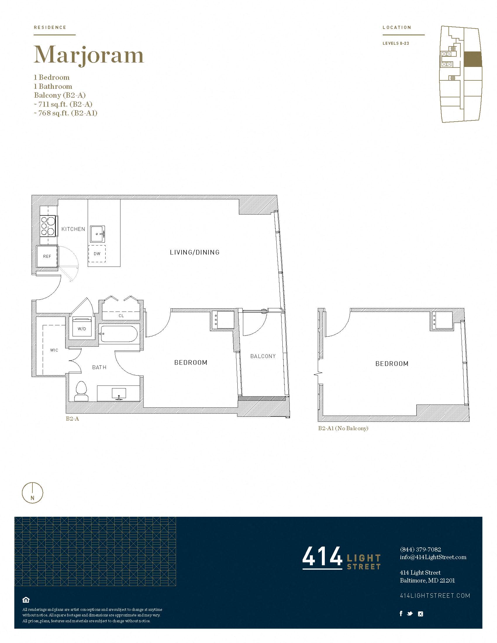 Floor plan for 1 bed, 1 bath, 711 sqft