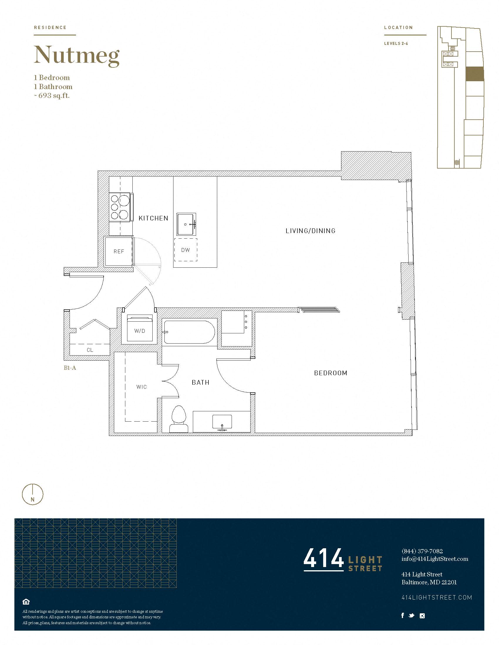 Floor plan for 1 bed, 1 bath, 693 sqft