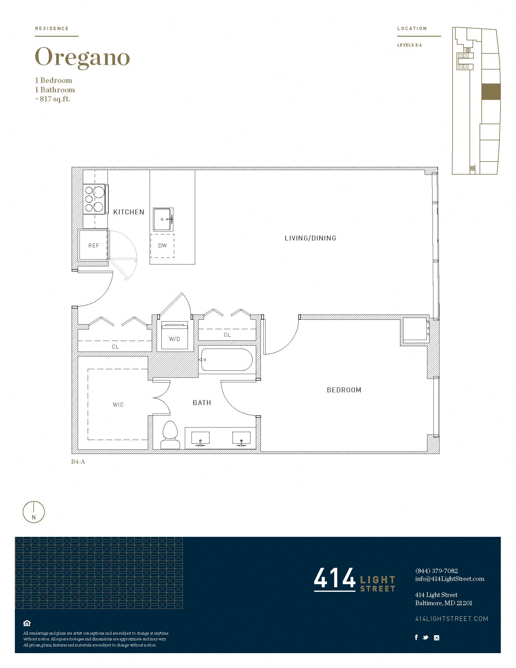 Floor plan for 1 bed, 1 bath, 817 sqft