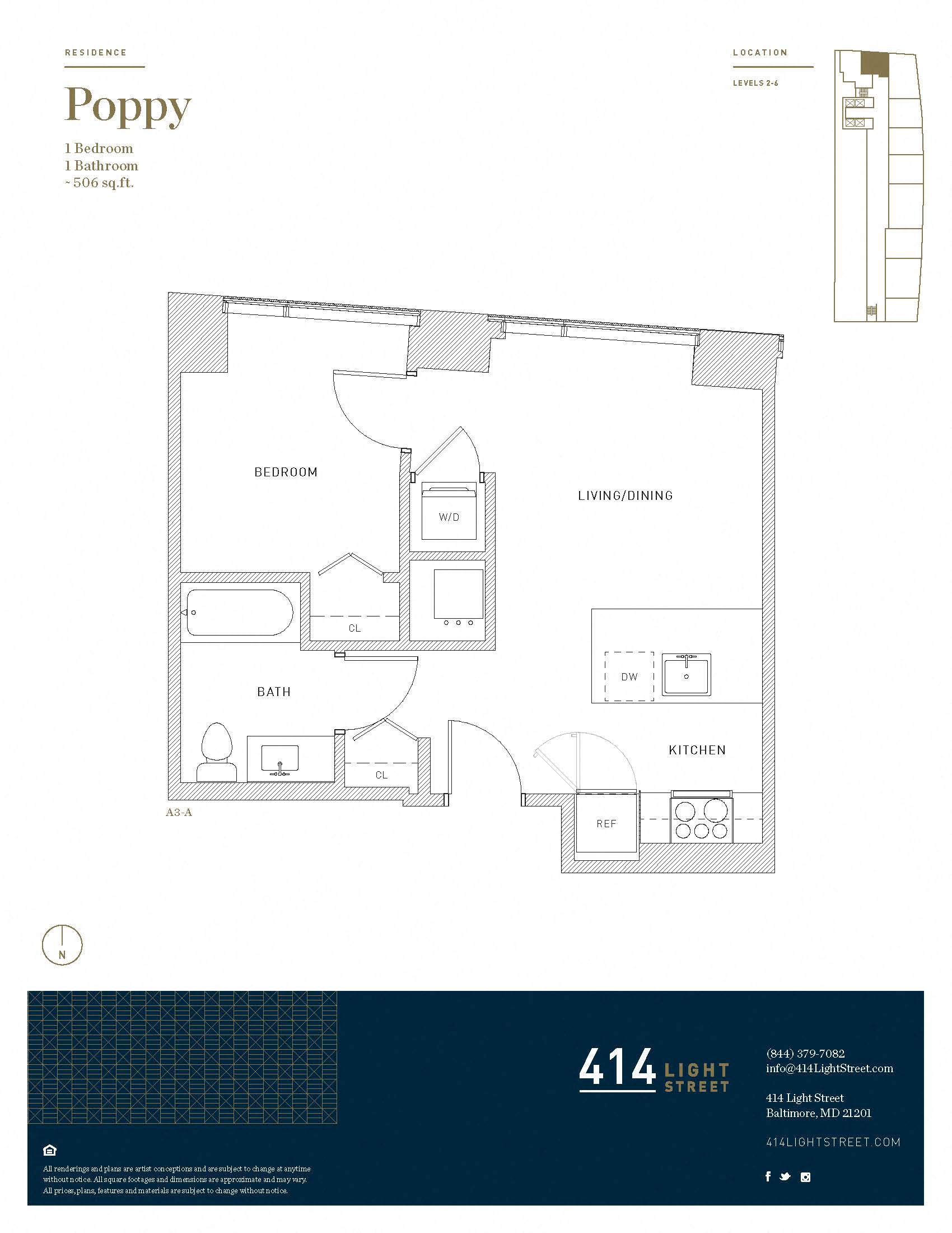 Floor plan for 1 bed, 1 bath, 506 sqft