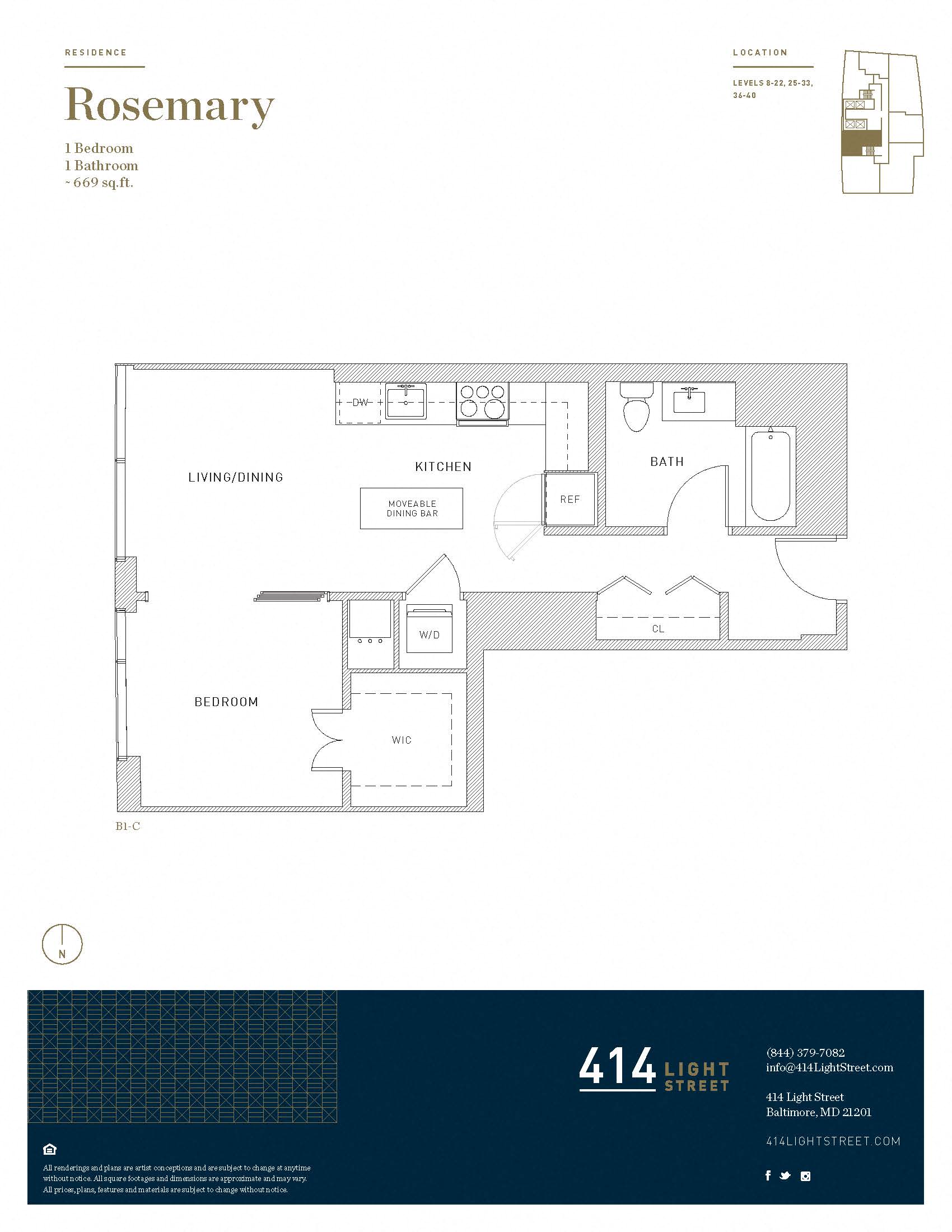 Floor plan for 1 bed, 1 bath, 669 sqft