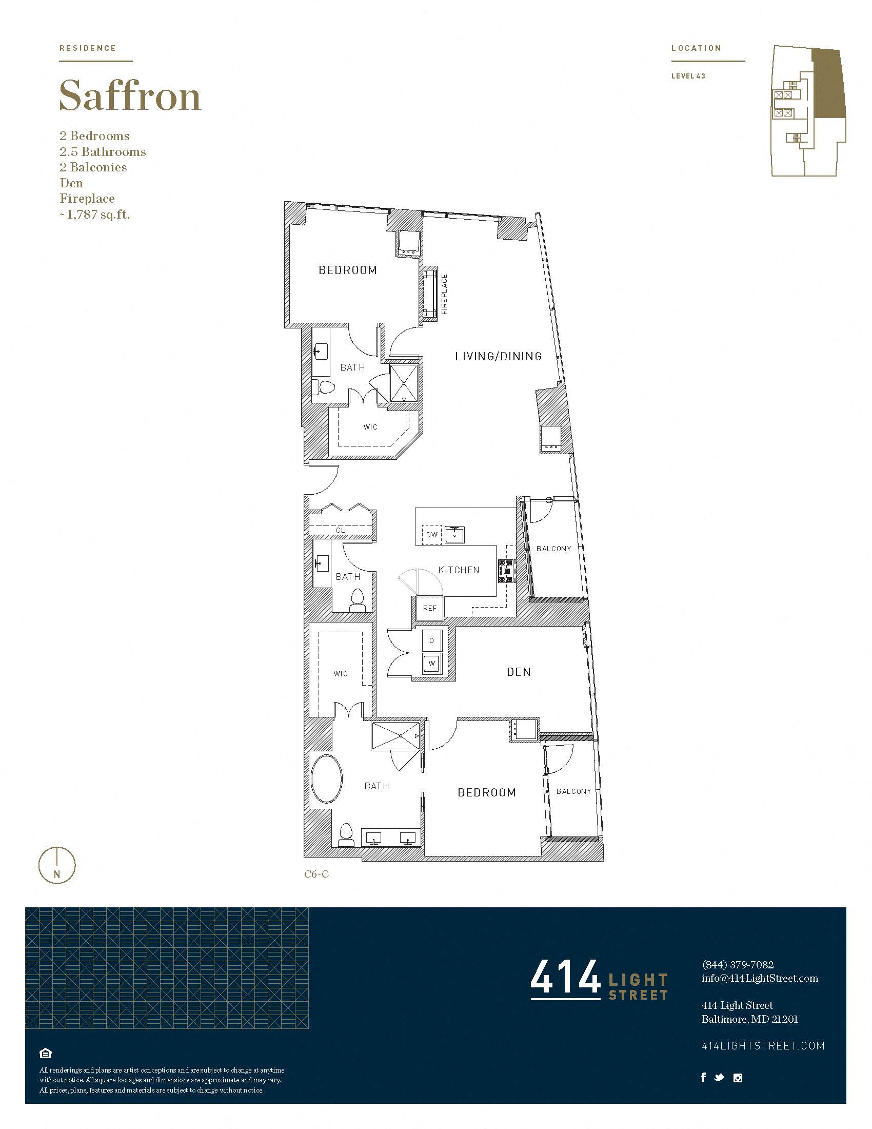 Floor plan for 2 beds, 2.5 baths, 1787 sqft