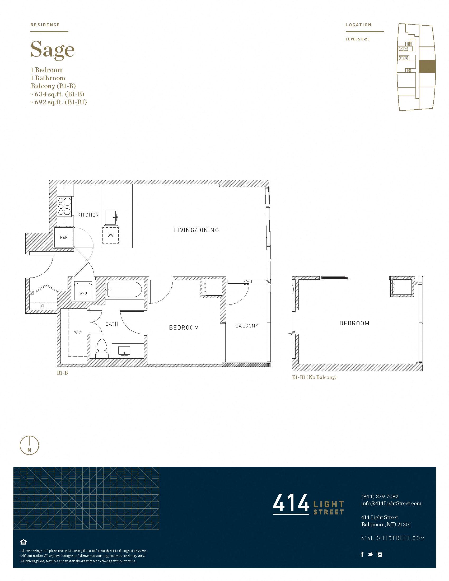 Floor plan for 1 bed, 1 bath, 634 sqft