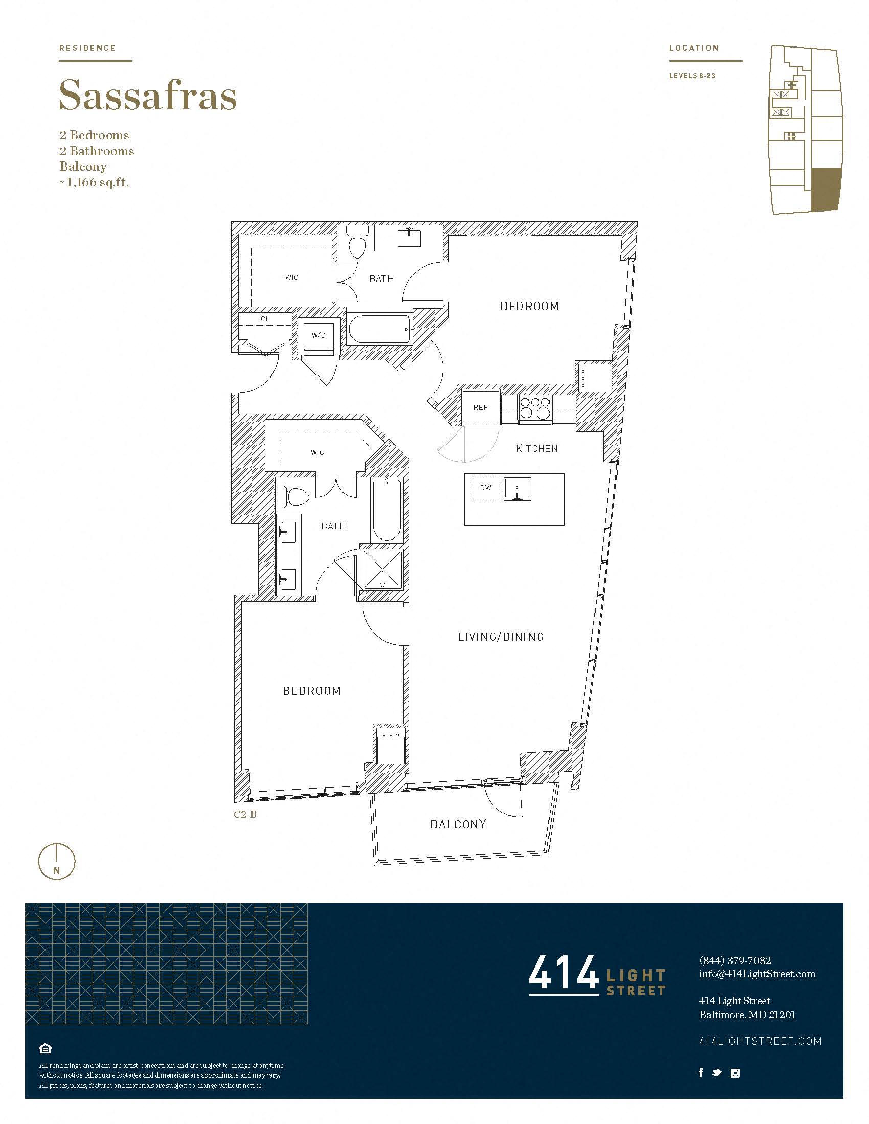 Floor plan for 2 beds, 2 baths, 1166 sqft