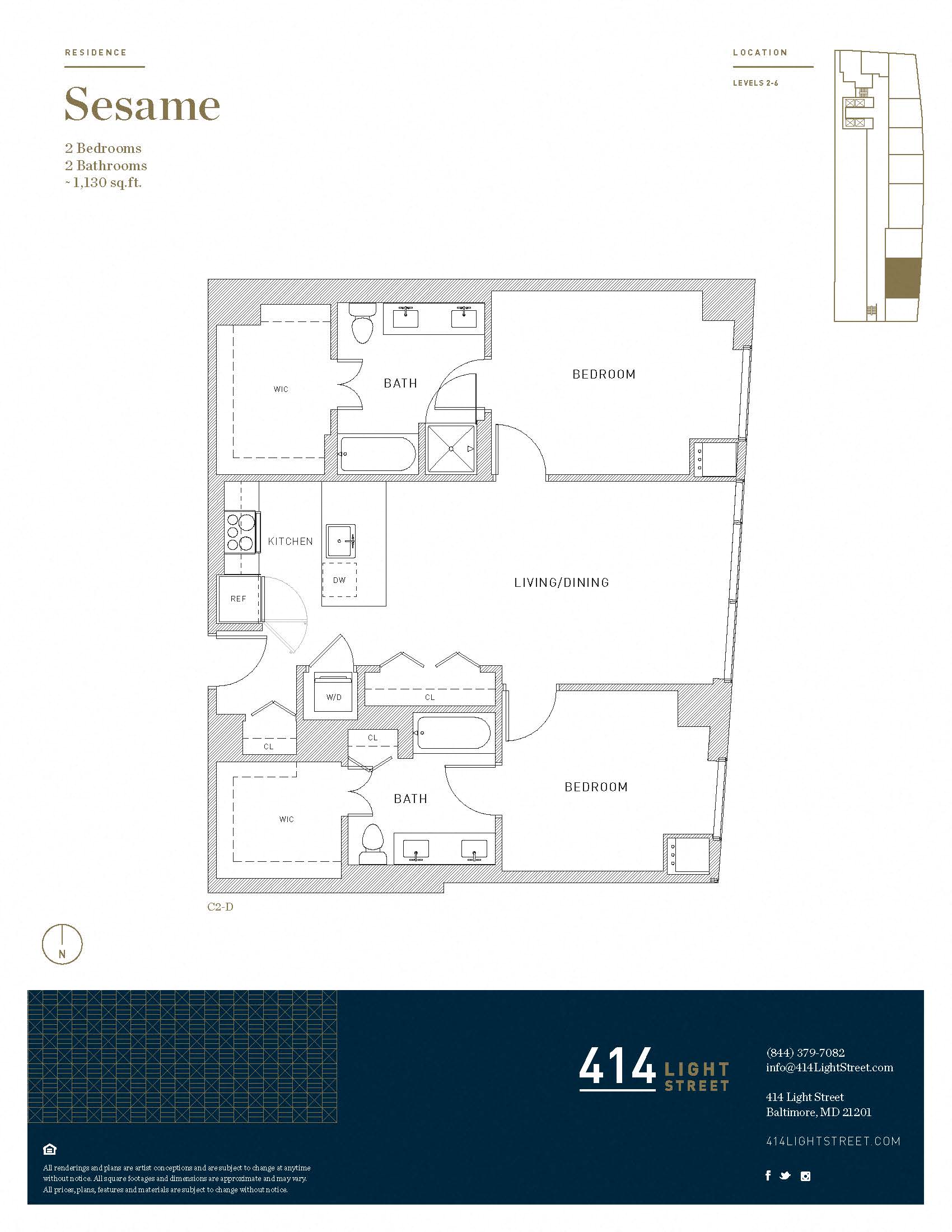 Floor plan for 2 beds, 2 baths, 1130 sqft