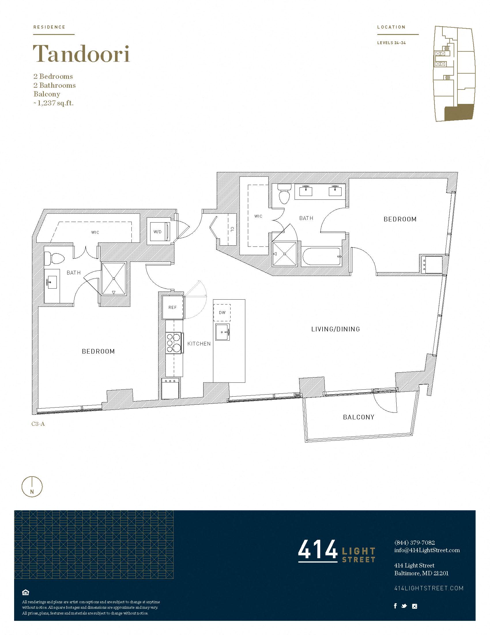 Floor plan for 2 beds, 2 baths, 1237 sqft