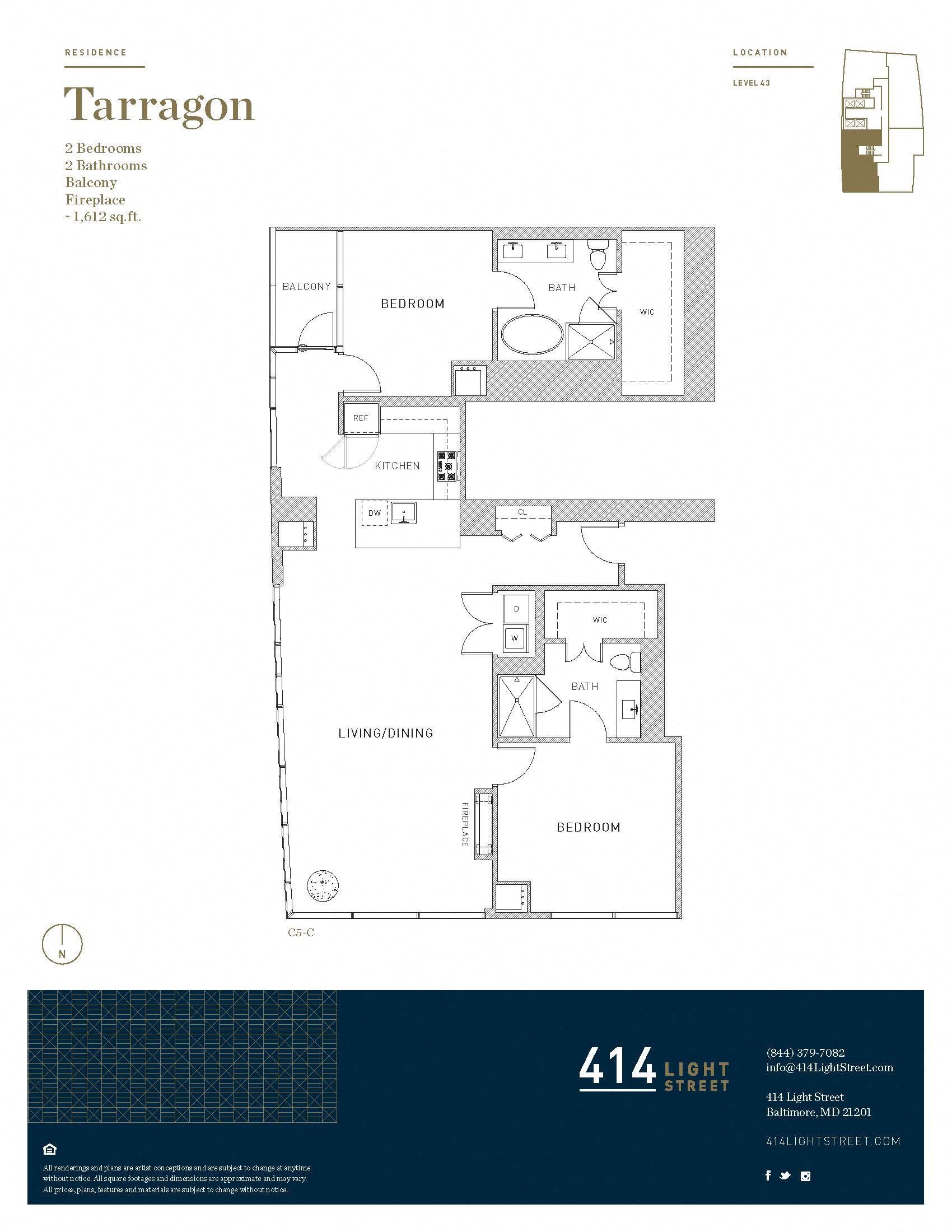 Floor plan for 2 beds, 2 baths, 1612 sqft