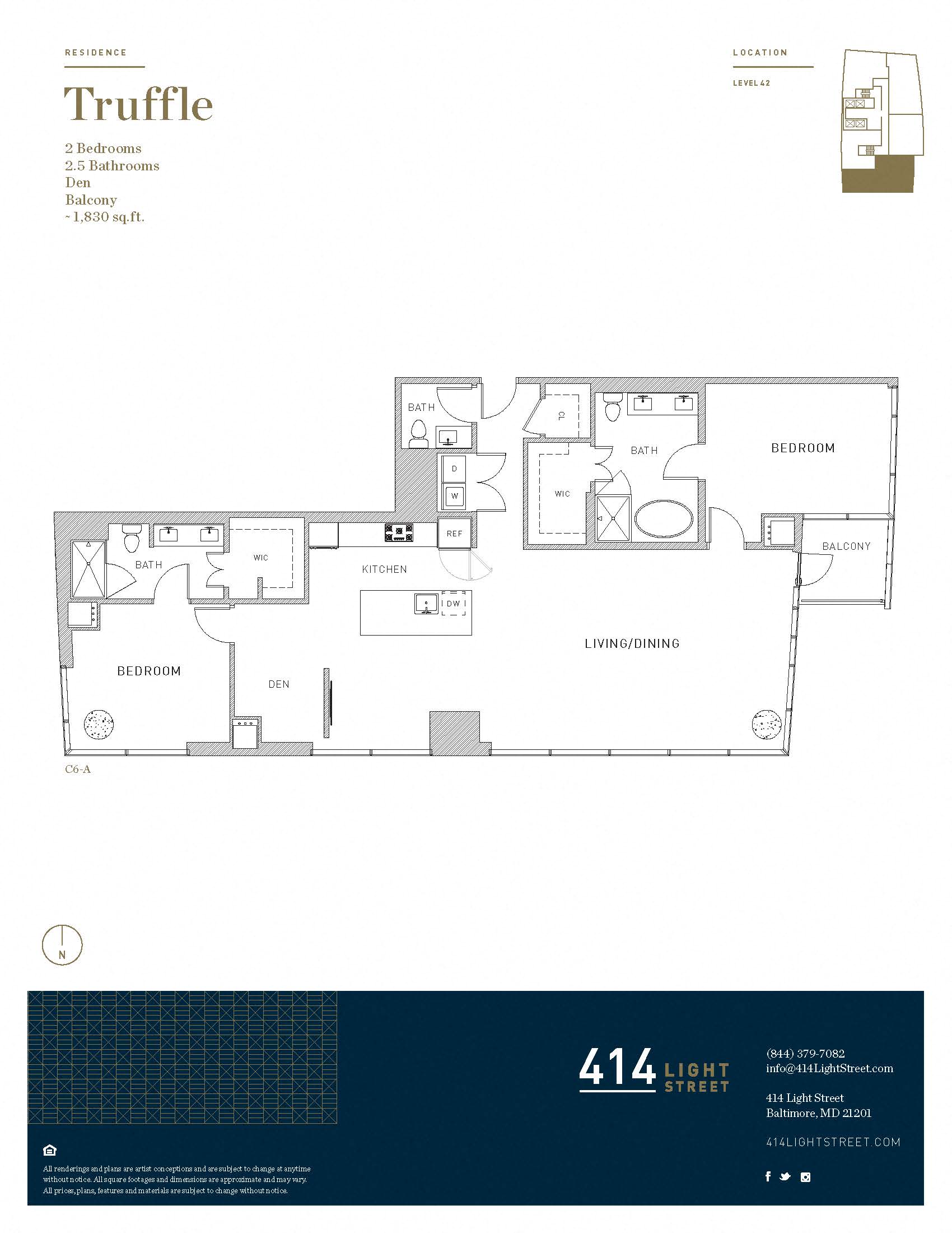 Floor plan for 2 beds, 2.5 baths, 1830 sqft