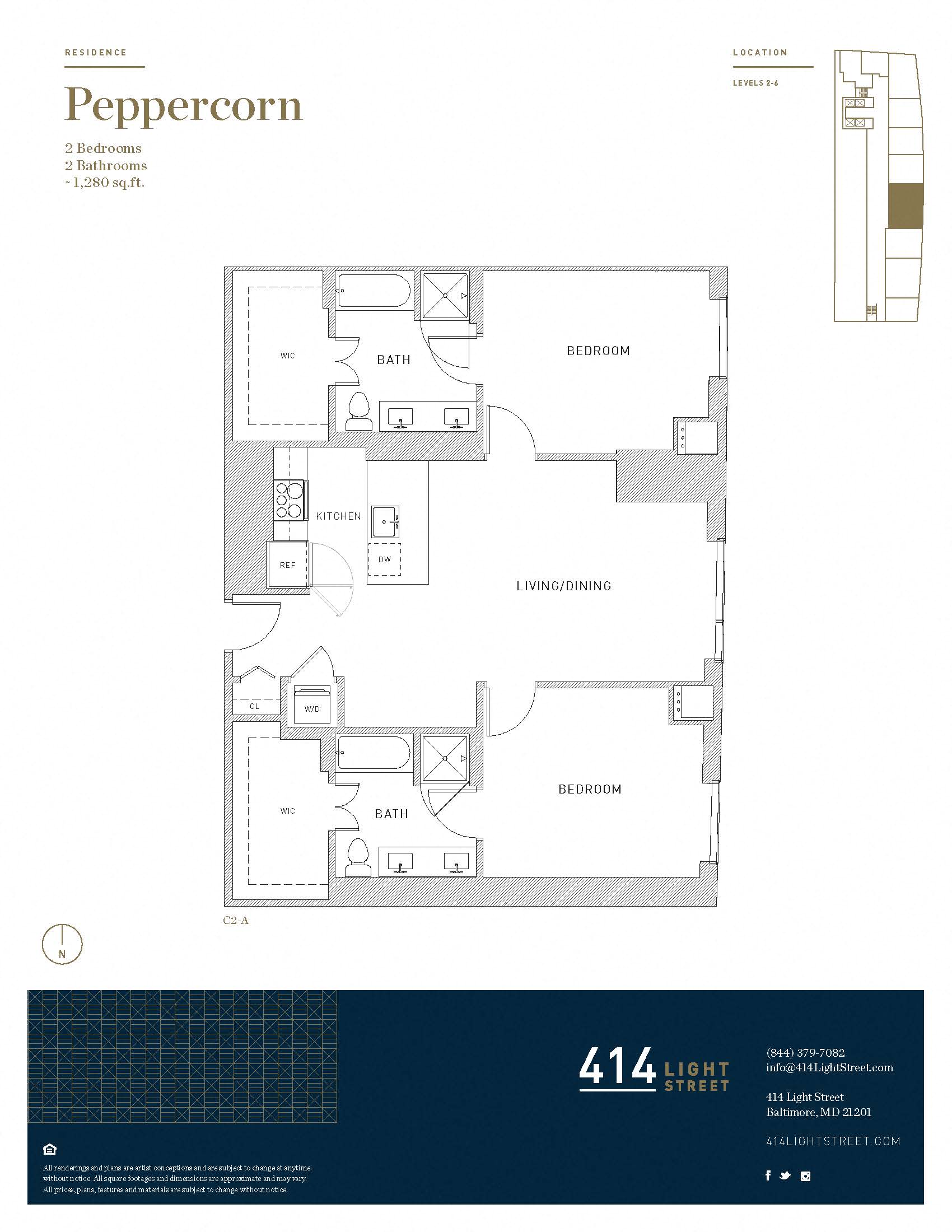 Floor plan for 2 beds, 2 baths, 1280 sqft