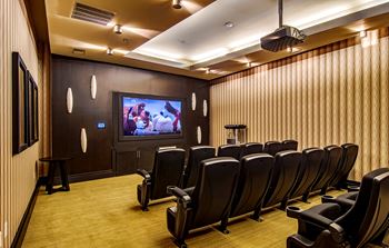 Movie theater with surround sound, plush seating and popcorn
