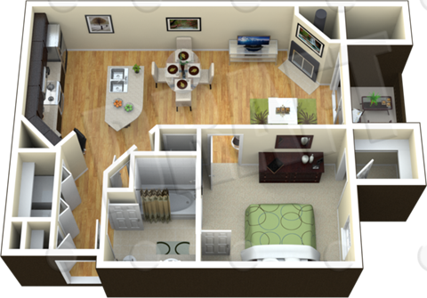 Floor plan for 1 bed, 1 bath, 686 sqft