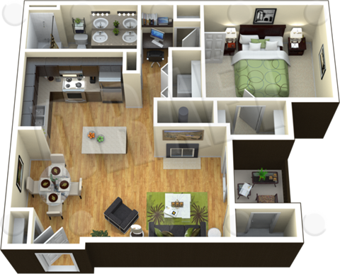 Floor plan for 1 bed, 1 bath, 744 sqft