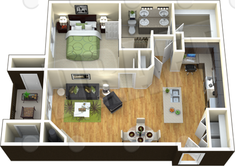 Floor plan for 1 bed, 1 bath, 791 sqft