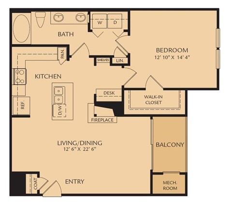 Floor plan for 1 bed, 1 bath, 814 sqft