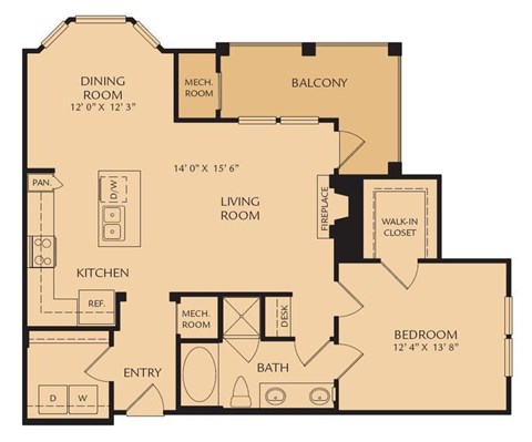 Floor plan for 1 bed, 1 bath, 891 sqft