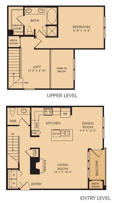 Floor plan for 1 bed, 1.5 baths, 1106 sqft
