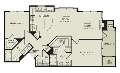 Floor plan for 2 beds, 2 baths, 1105 sqft