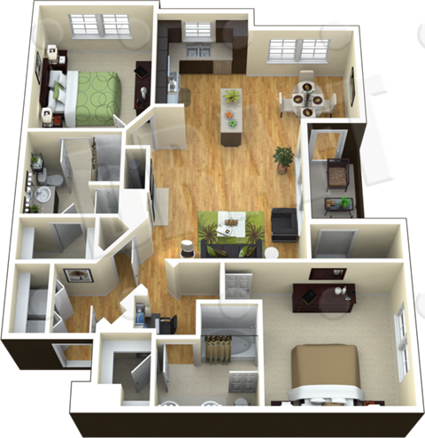 Floor plan for 2 beds, 2 baths, 1249 sqft