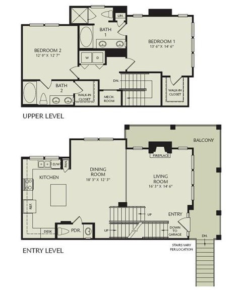 Floor plan for 2 beds, 2.5 baths, 1433 sqft