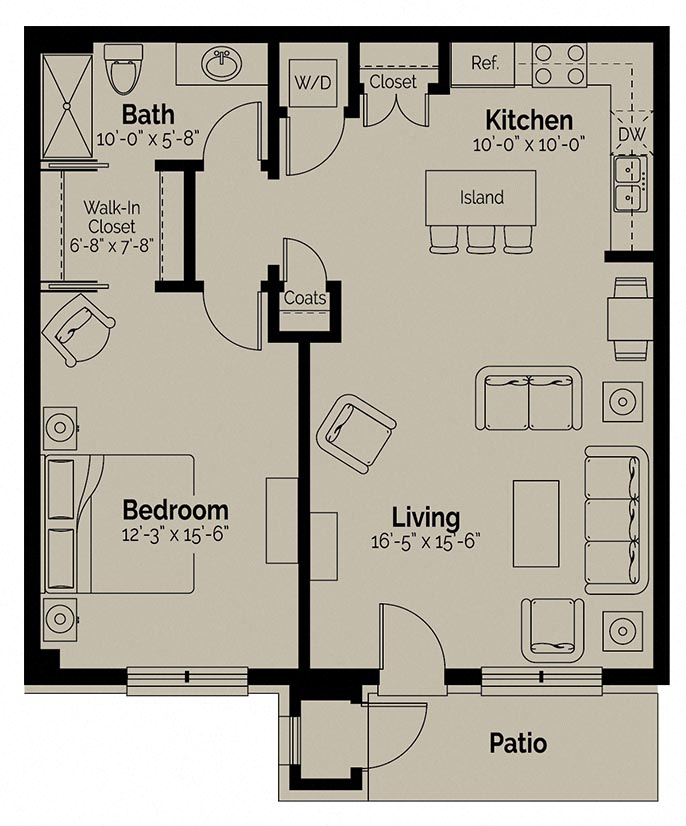 Floor plan for 1 bed, 1 bath, 935 sqft