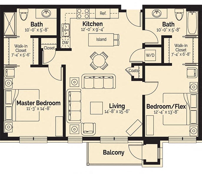 Floor plan for 2 beds, 2 baths, 1137 sqft