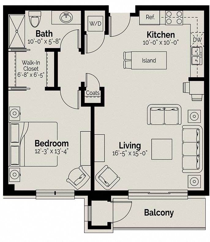 Floor plan for 1 bed, 1 bath, 845 sqft