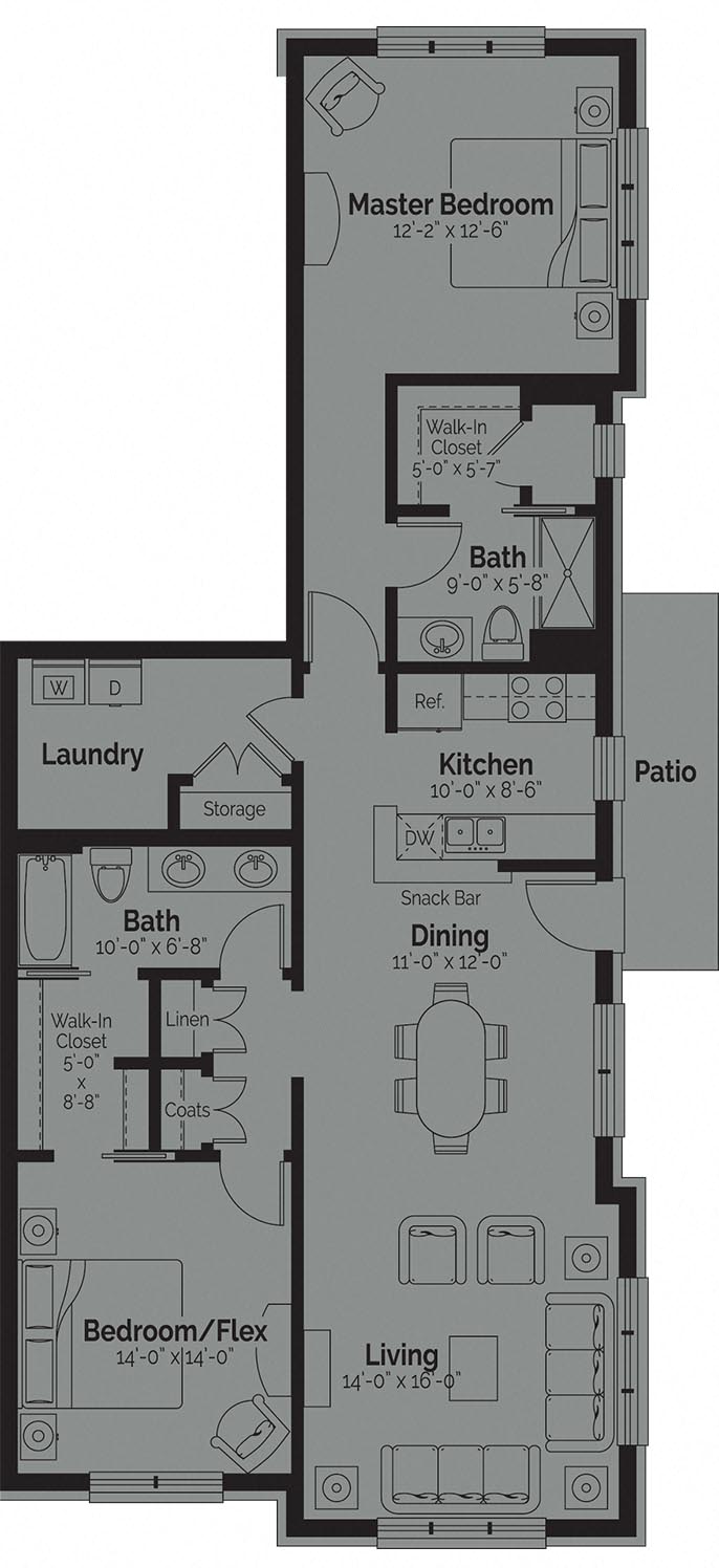 Floor plan for 2 beds, 2 baths, 1393 sqft