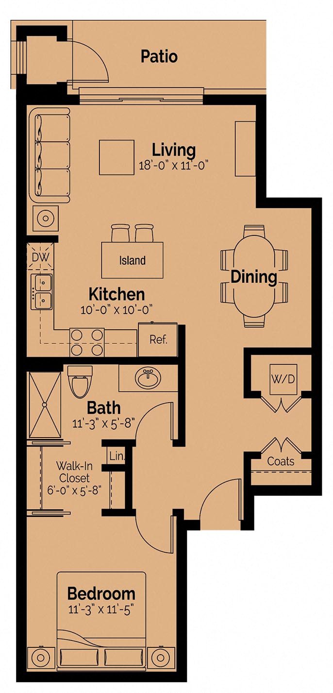 Floor plan for 1 bed, 1 bath, 815 sqft