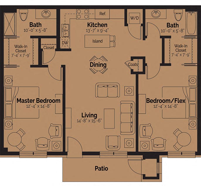 Floor plan for 2 beds, 2 baths, 1258 sqft