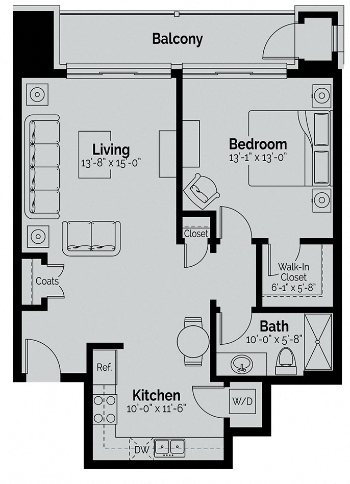 Floor plan for 1 bed, 1 bath, 868 sqft