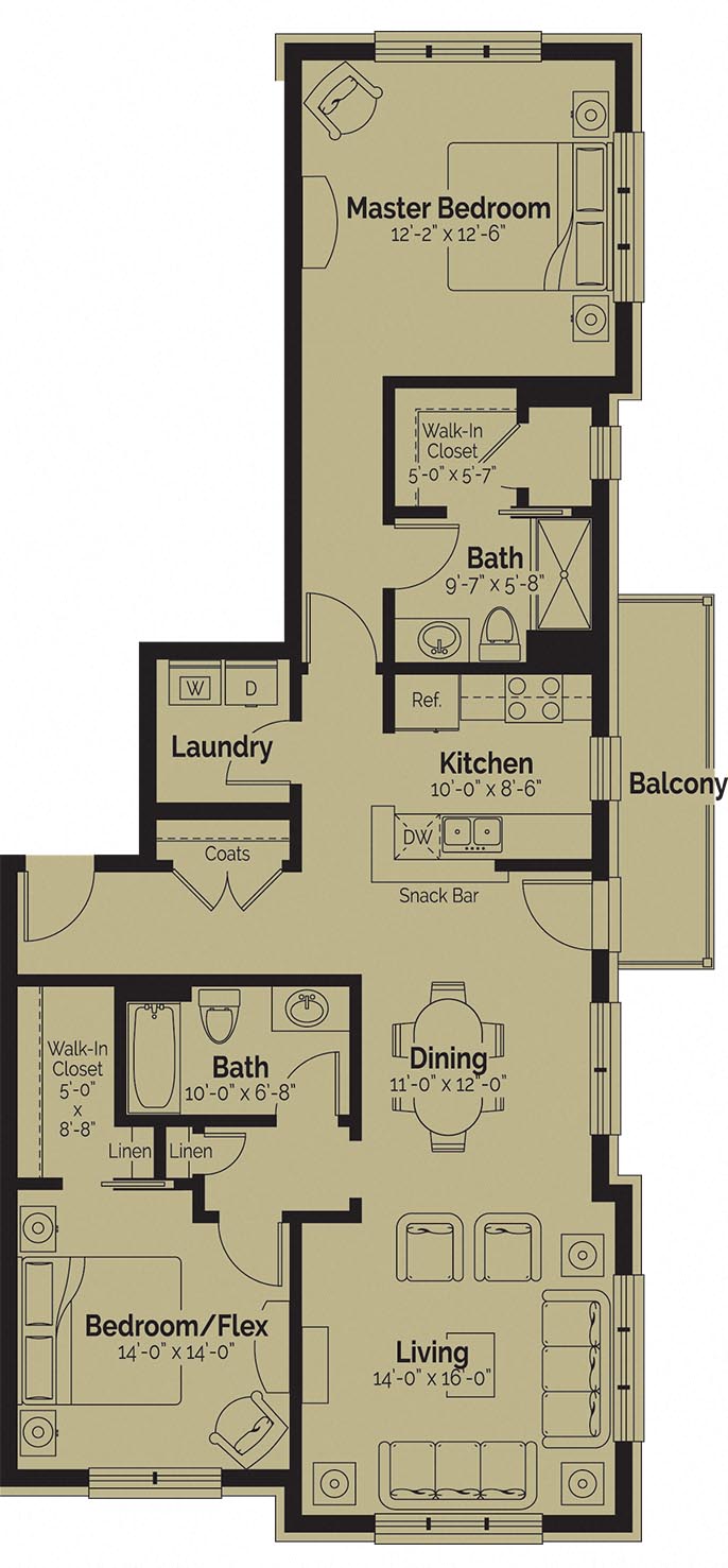 Floor plan for 2 beds, 2 baths, 1376 sqft