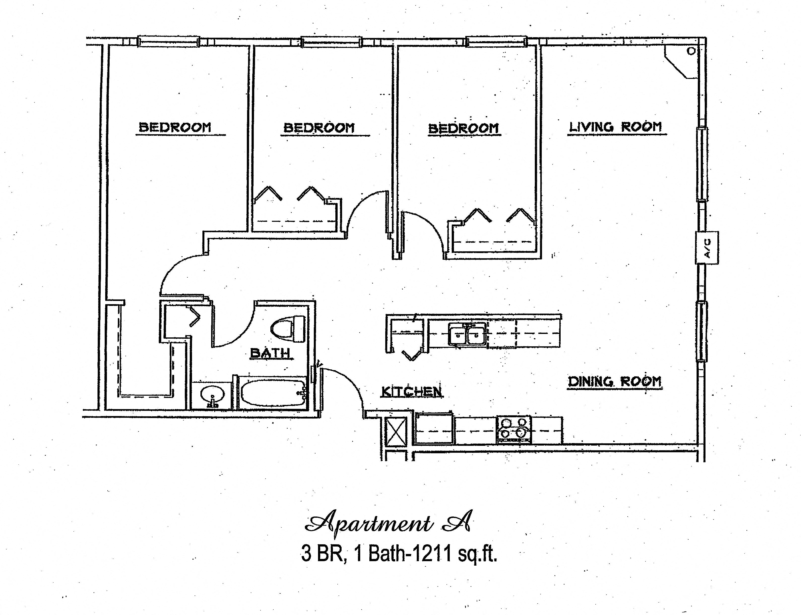 Floor plan for 3 beds, 1 bath, 1211 sqft