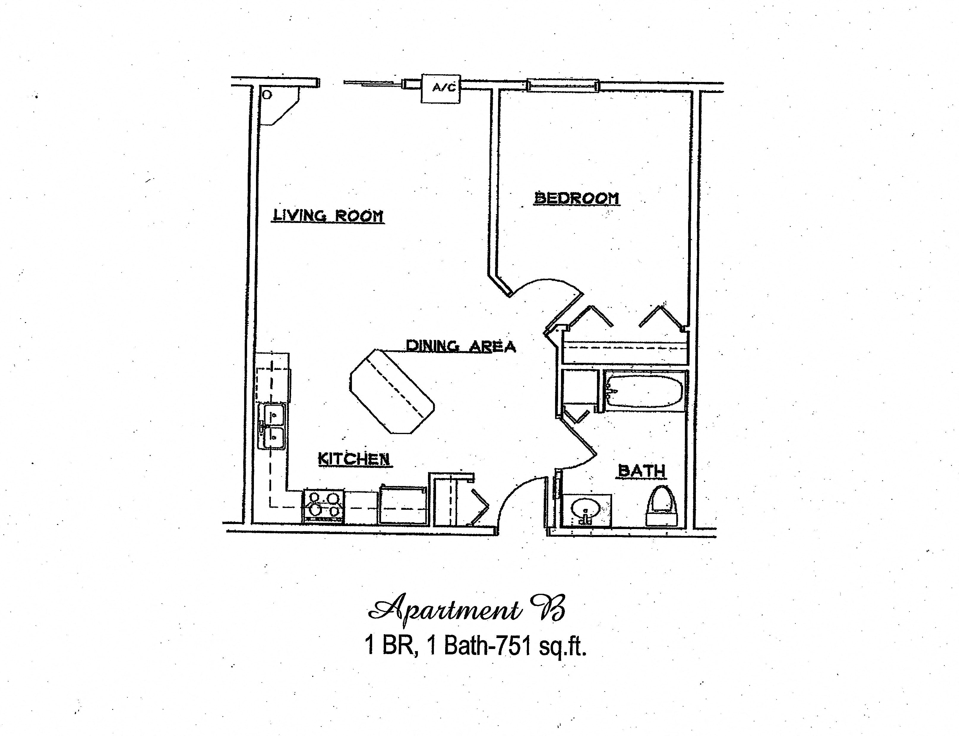 Floor plan for 1 bed, 1 bath, 751 sqft
