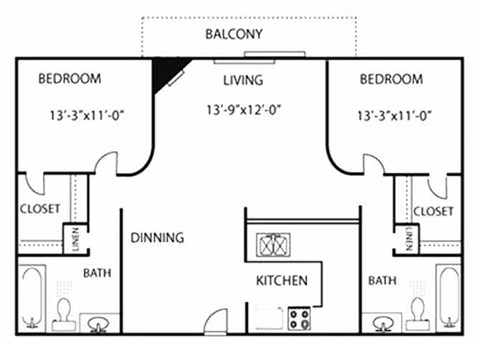 Floor plan for 2 beds, 2 baths, 950 sqft